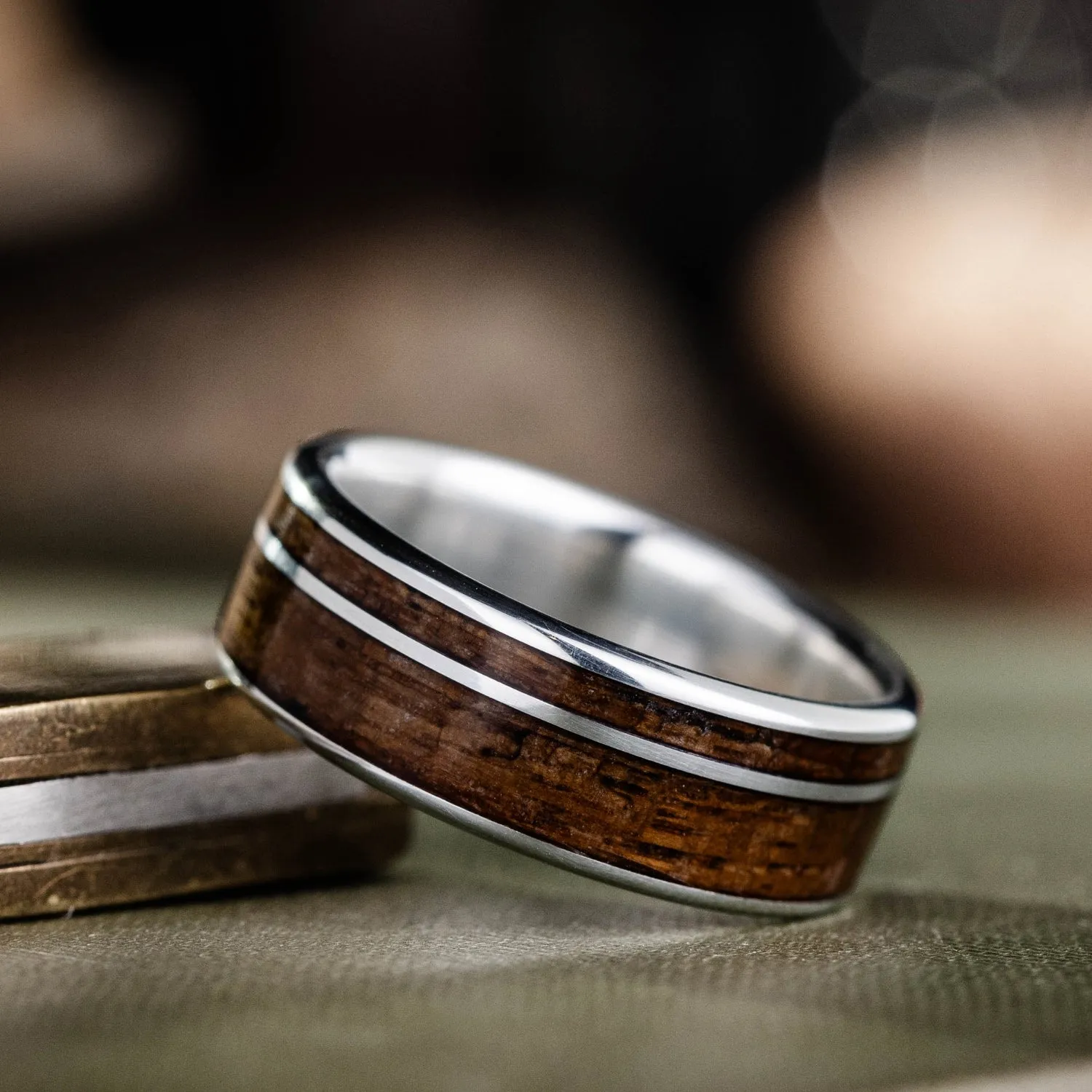 The USS North Carolina | Men's Sterling Silver Wedding Band with USS North Carolina Battleship Teak Wood