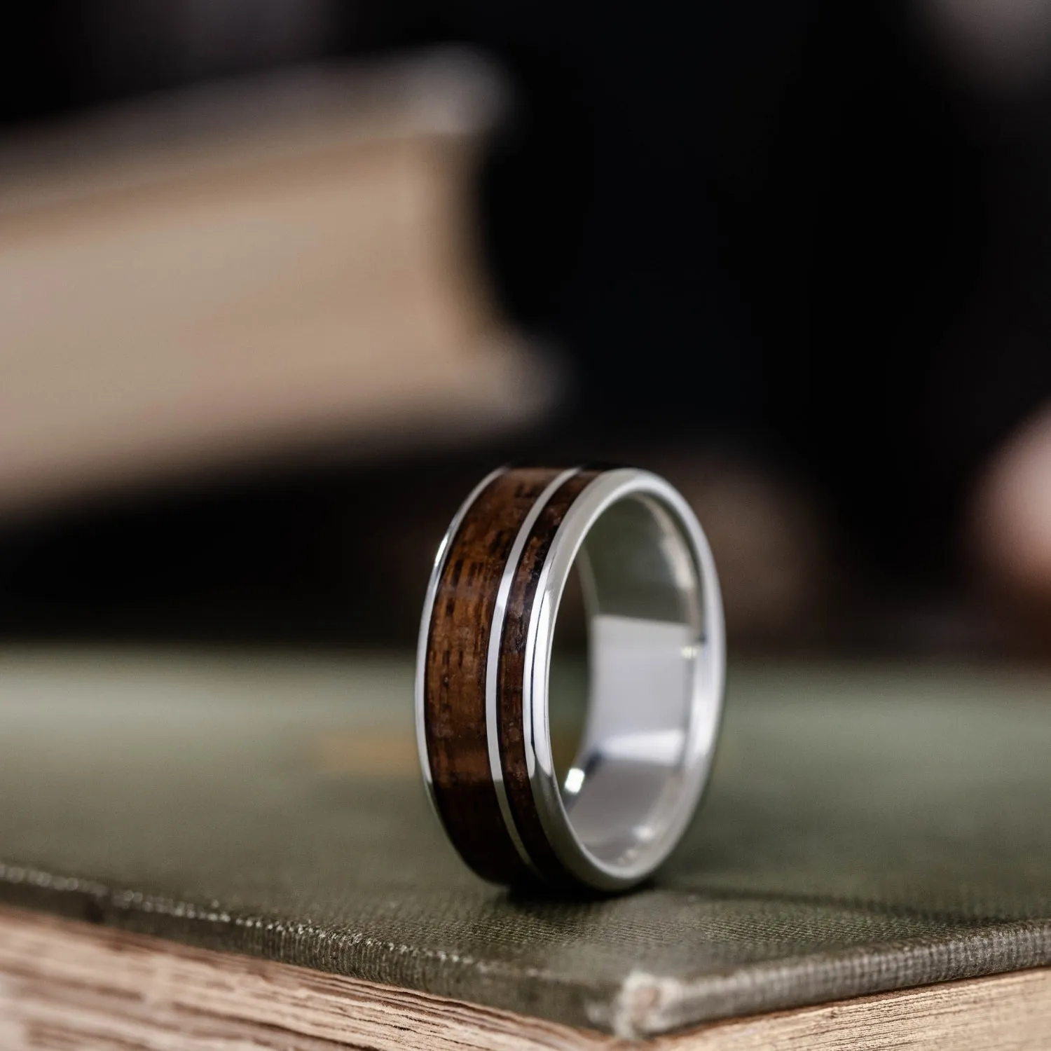 The USS North Carolina | Men's Sterling Silver Wedding Band with USS North Carolina Battleship Teak Wood