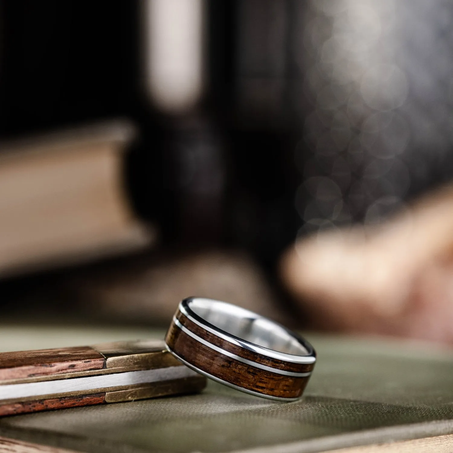 The USS North Carolina | Men's Sterling Silver Wedding Band with USS North Carolina Battleship Teak Wood