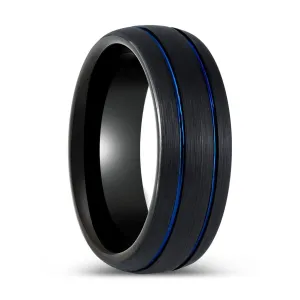 THEODORE | Black Tungsten Ring Two Blue Grooves