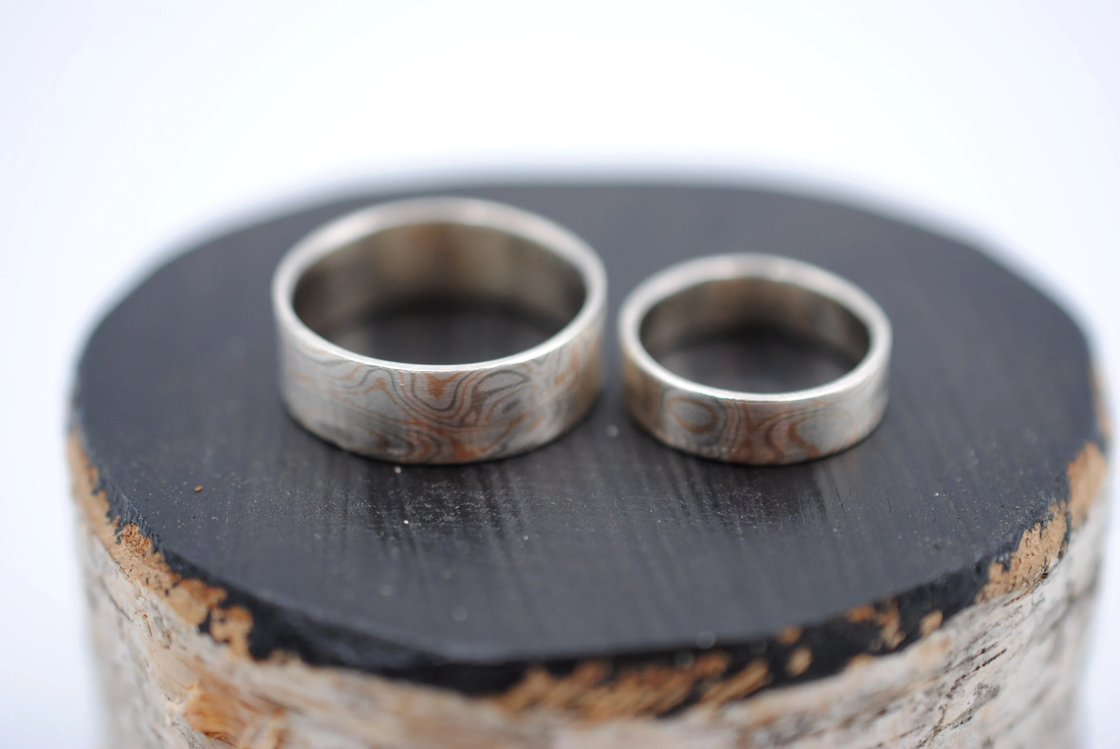 Three Tone Gold Mokume Gane His and Her Band