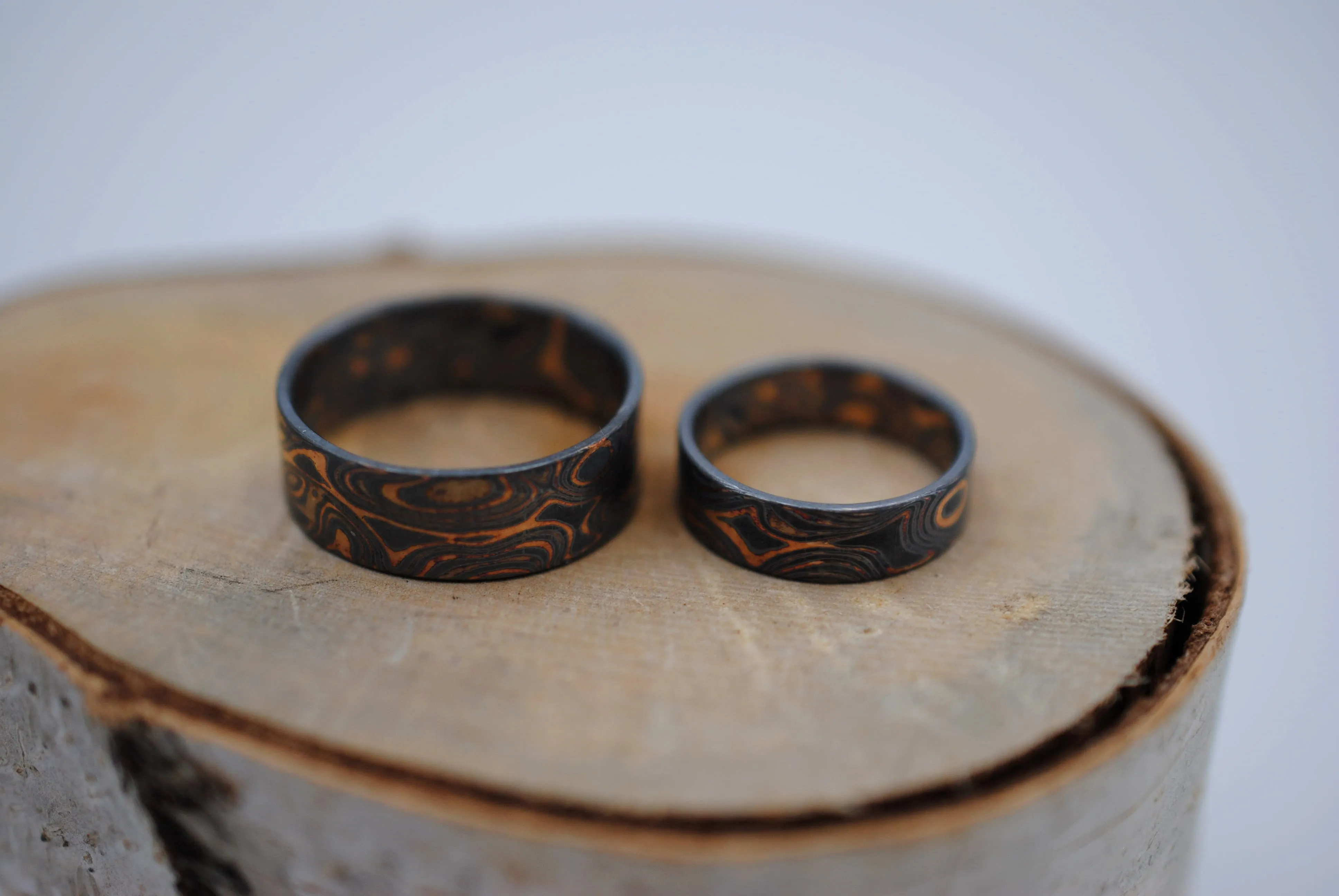Three Tone Gold Mokume Gane Patina His and Her Band