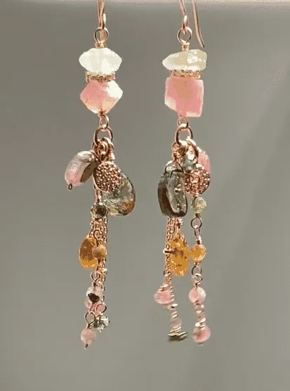Tourmaline Dangle Earrings Rose Gold Pink Green Watermelon