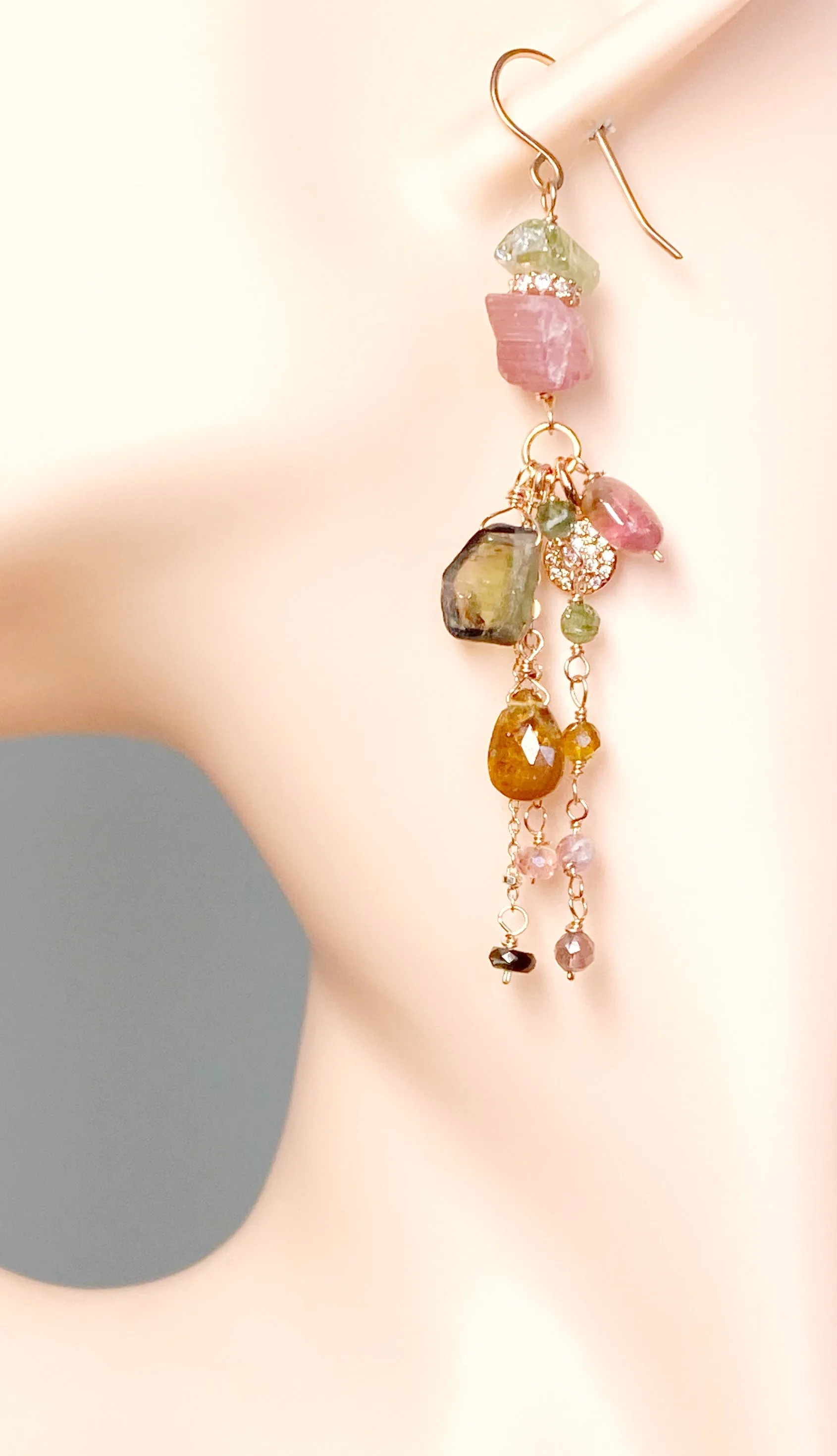 Tourmaline Dangle Earrings Rose Gold Pink Green Watermelon