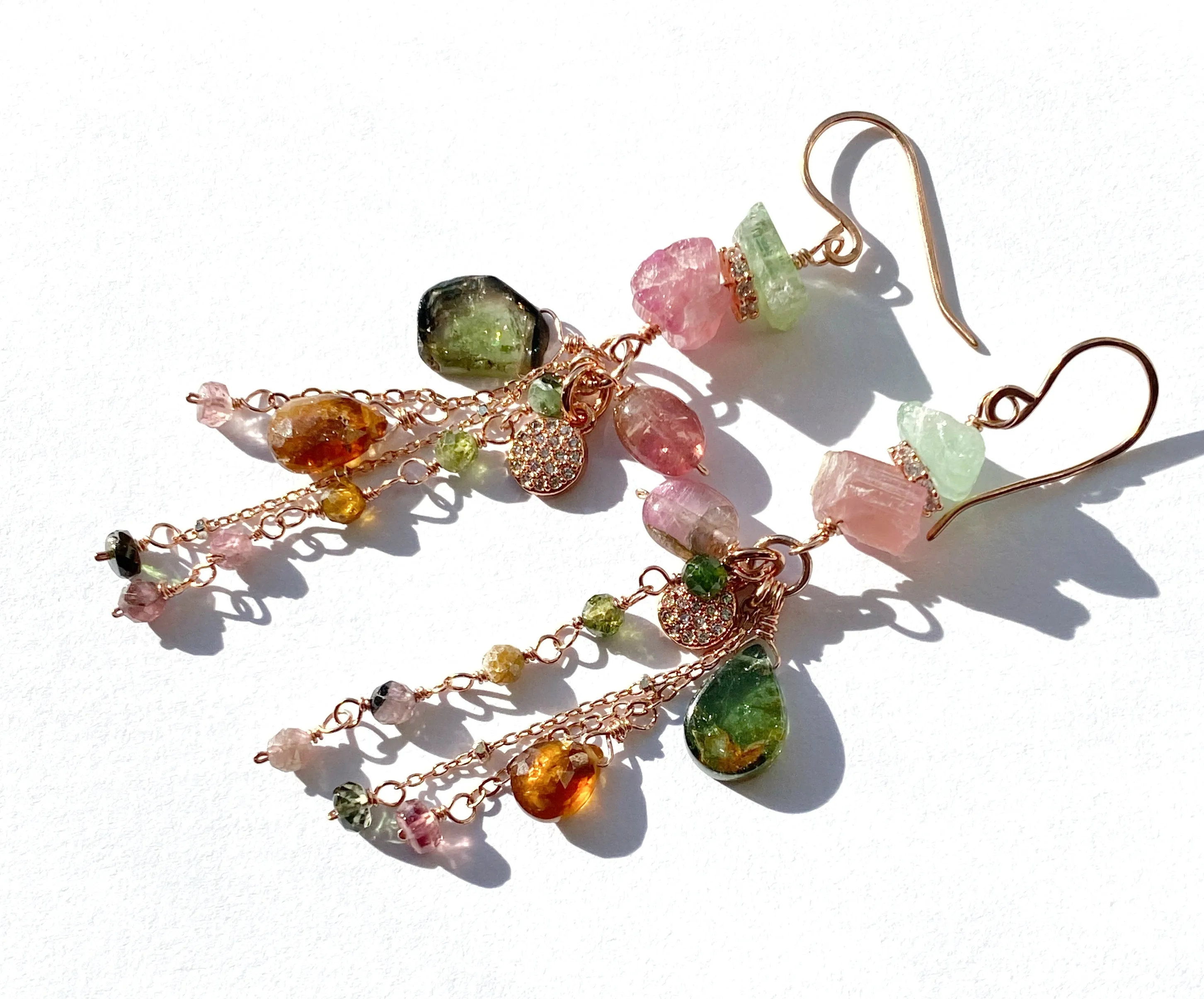Tourmaline Dangle Earrings Rose Gold Pink Green Watermelon