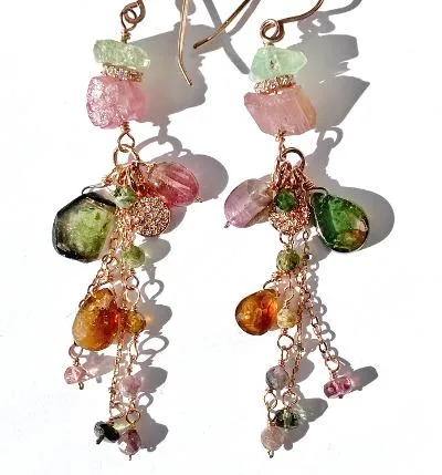 Tourmaline Dangle Earrings Rose Gold Pink Green Watermelon