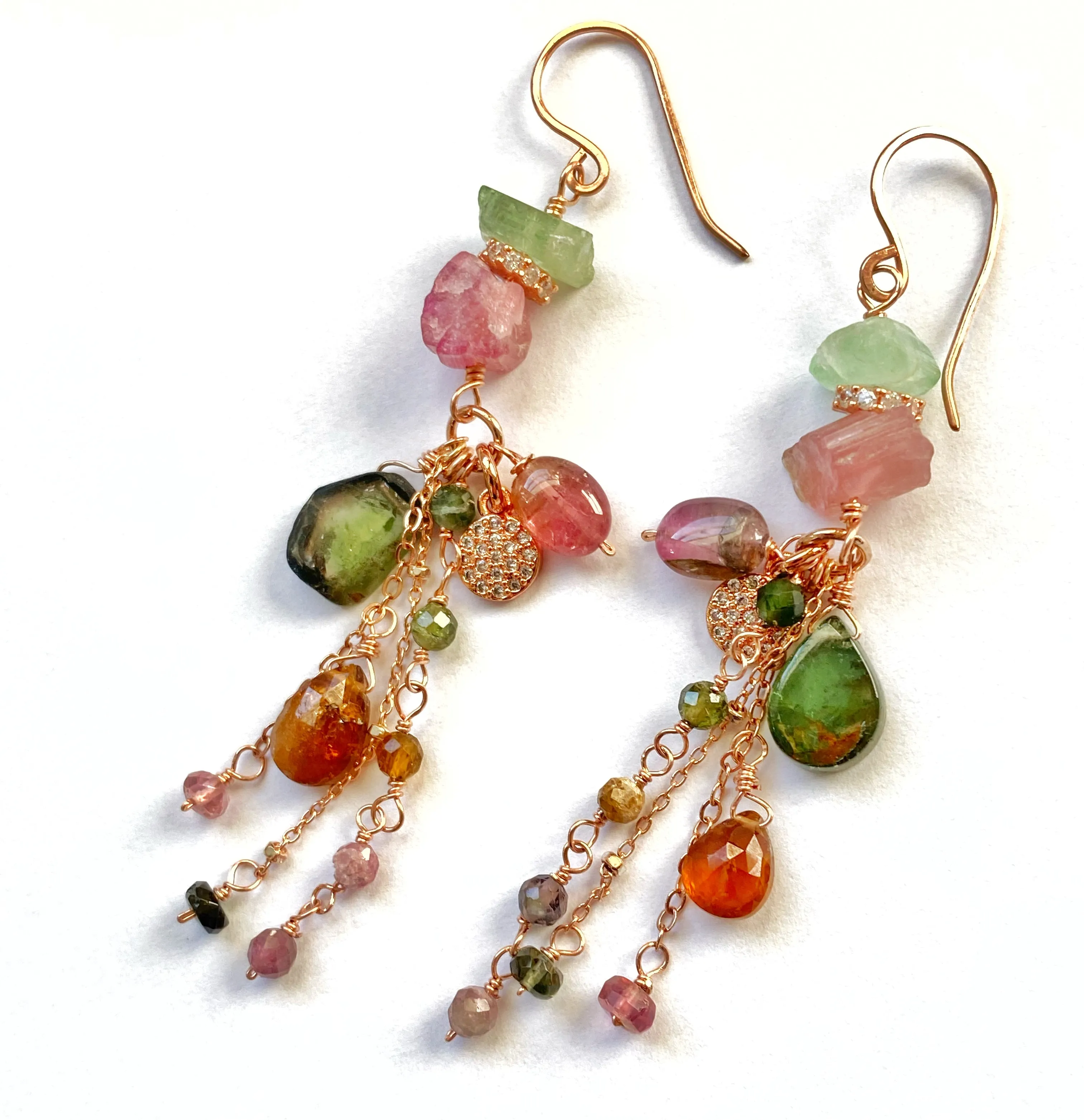Tourmaline Dangle Earrings Rose Gold Pink Green Watermelon