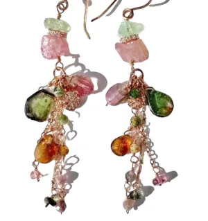 Tourmaline Dangle Earrings Rose Gold Pink Green Watermelon