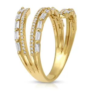 Tripe Row Baugette and Round Diamond Ring 14K Yellow Gold, Wrap Around Ring