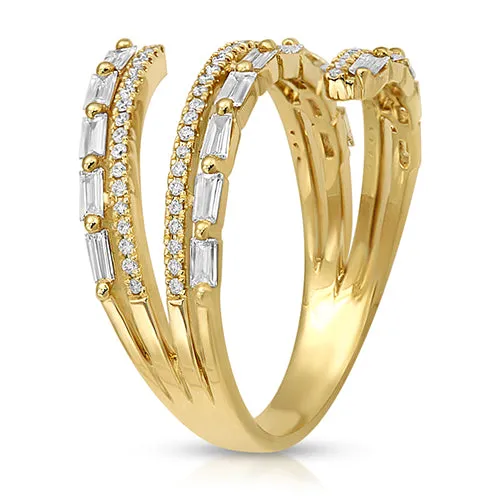 Tripe Row Baugette and Round Diamond Ring 14K Yellow Gold, Wrap Around Ring
