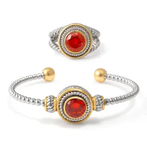TWO TONE GARNET CRYSTAL CUFF BRACELET AND RING SET #JJSET-1963GAR (AA23)