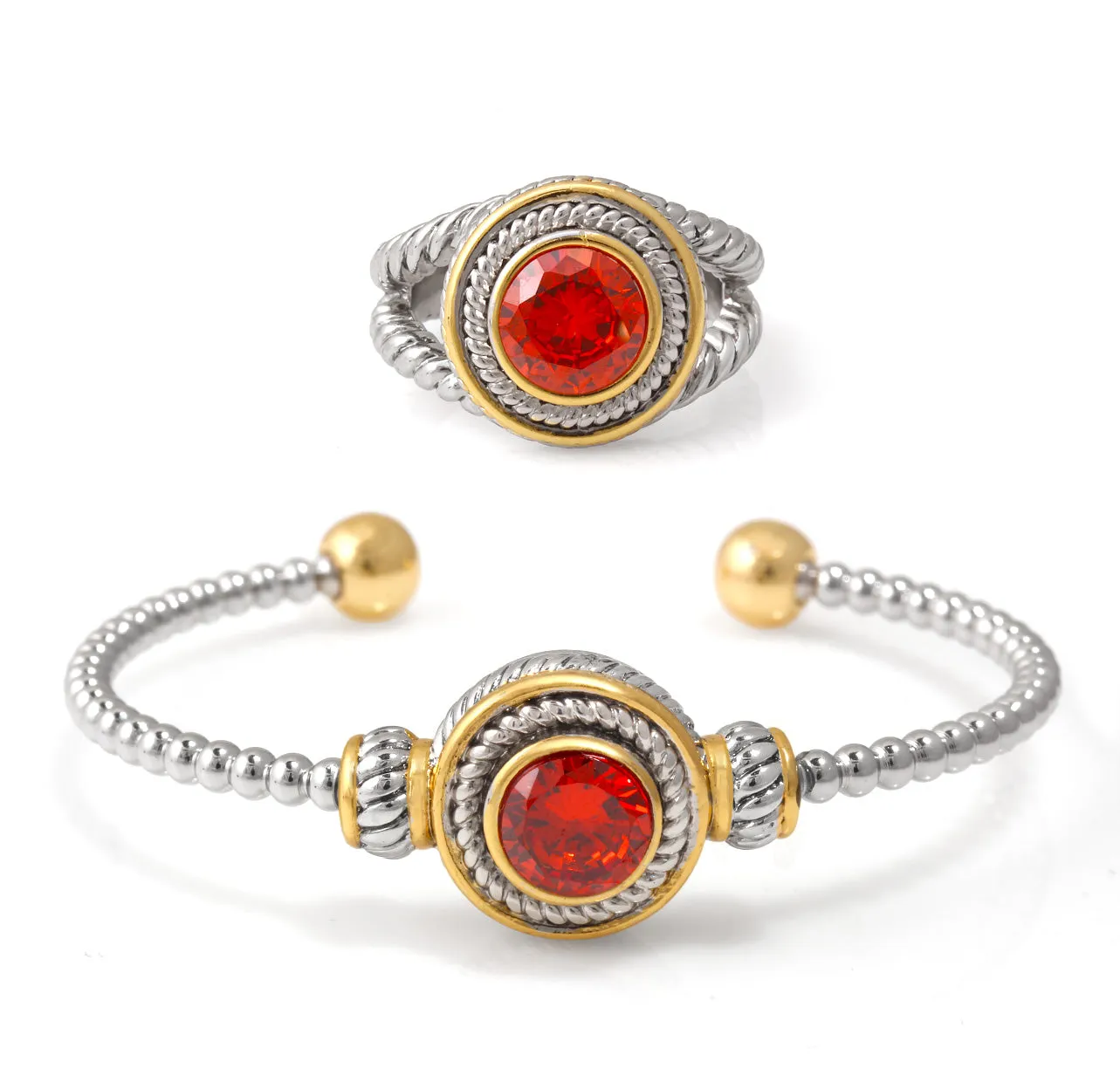 TWO TONE GARNET CRYSTAL CUFF BRACELET AND RING SET #JJSET-1963GAR (AA23)