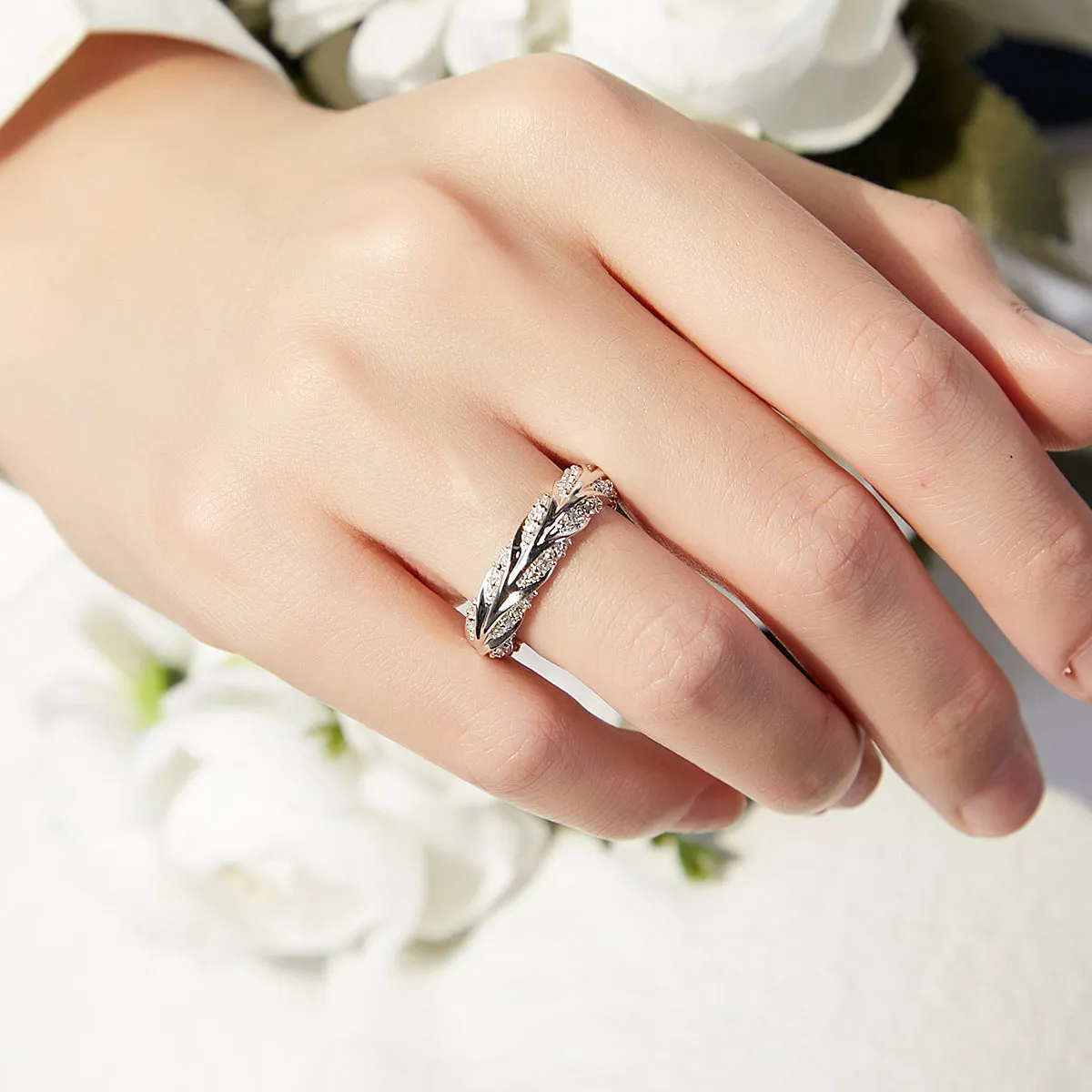 Two Tone Gold Diamond Leaves Eternity Ring