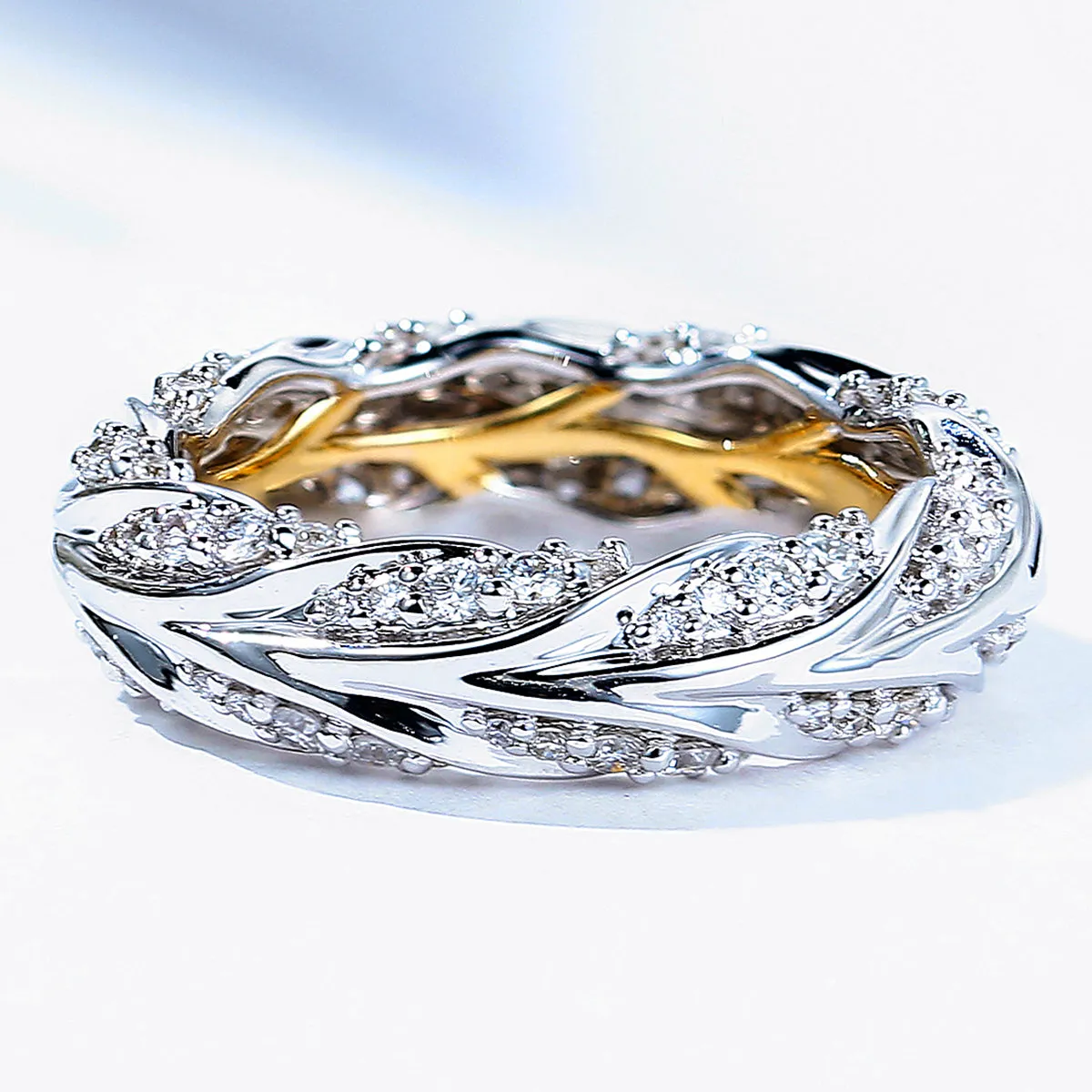 Two Tone Gold Diamond Leaves Eternity Ring