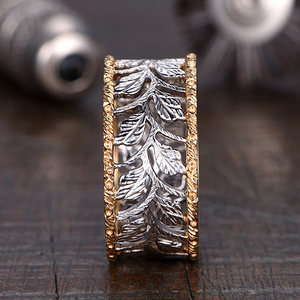 Two Tone Gold Engraved Leaves Pattern Hollow Wide Ring