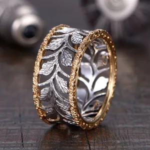 Two Tone Gold Engraved Leaves Pattern Hollow Wide Ring