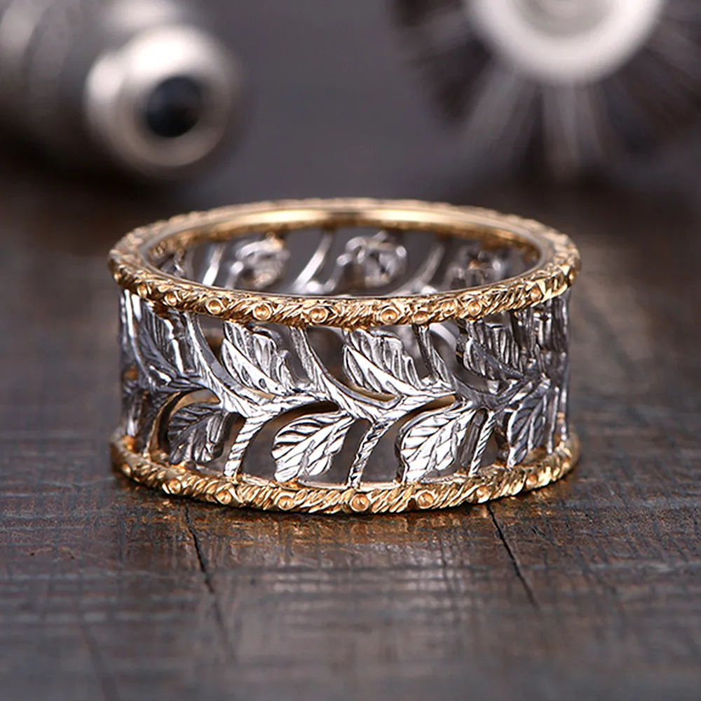 Two Tone Gold Engraved Leaves Pattern Hollow Wide Ring