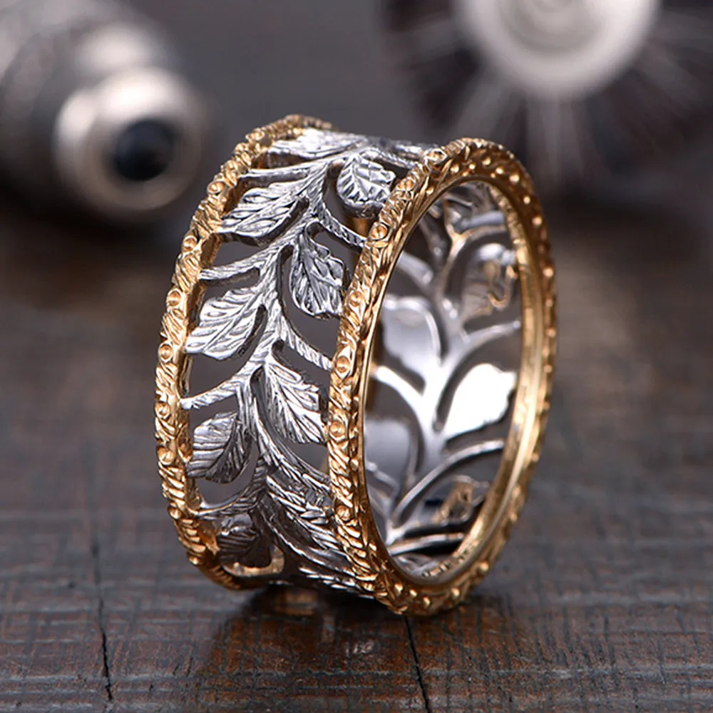 Two Tone Gold Engraved Leaves Pattern Hollow Wide Ring