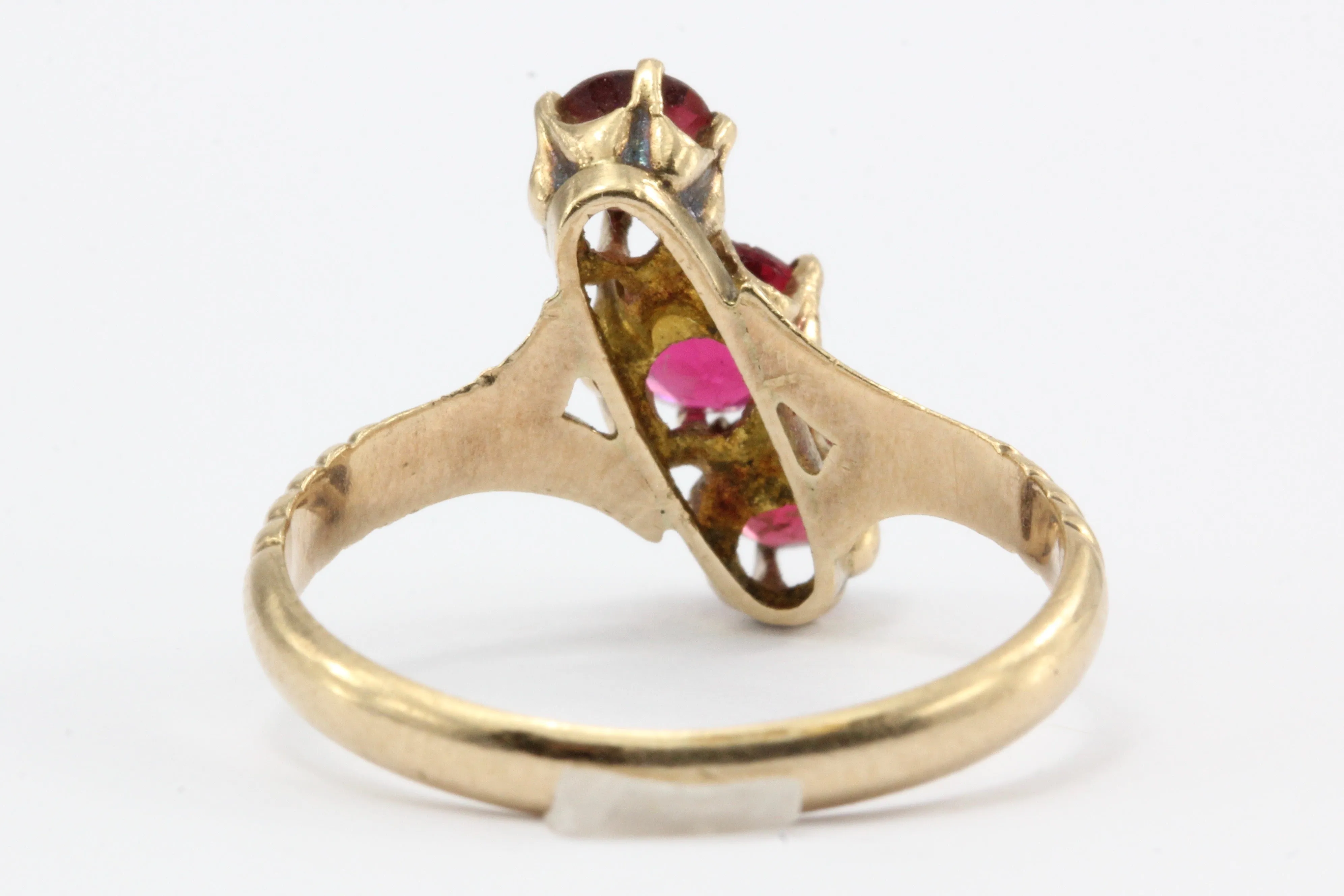 Victorian 14K Rose Gold Ruby Paste 3 Stone Ring c.1880