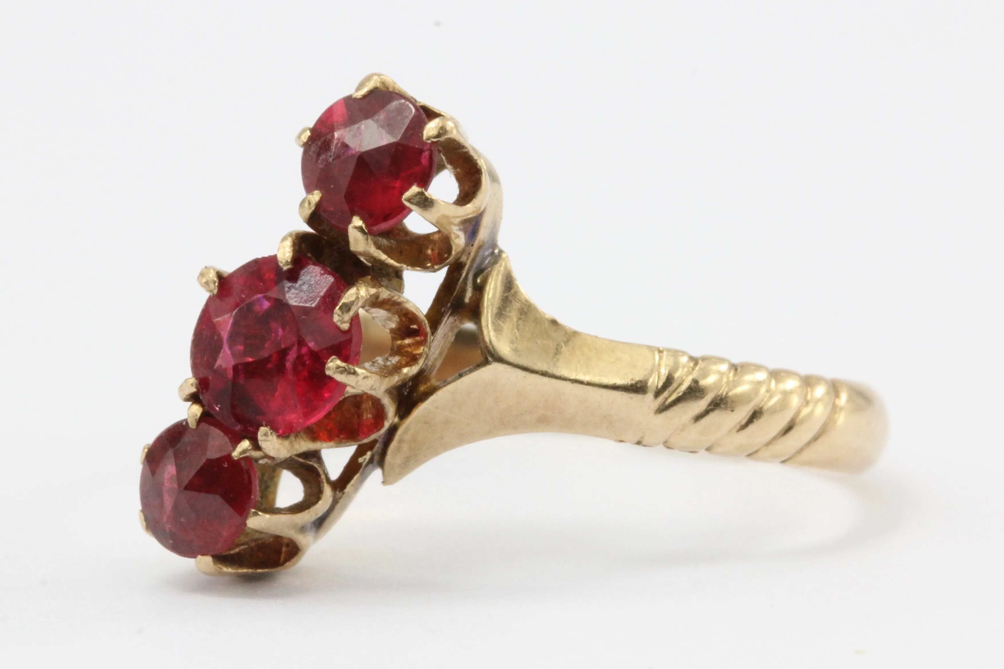 Victorian 14K Rose Gold Ruby Paste 3 Stone Ring c.1880