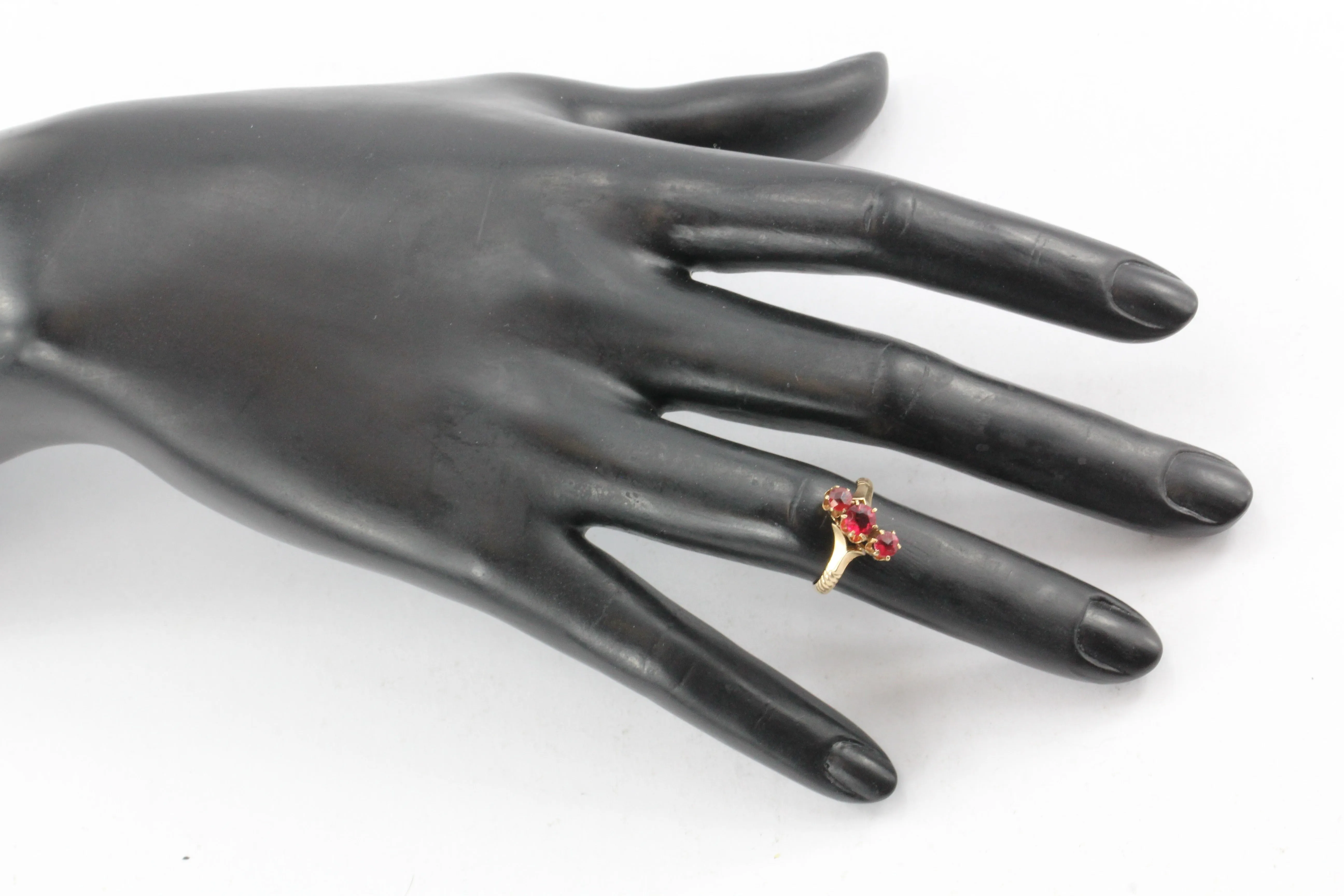 Victorian 14K Rose Gold Ruby Paste 3 Stone Ring c.1880