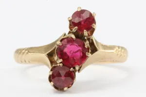 Victorian 14K Rose Gold Ruby Paste 3 Stone Ring c.1880