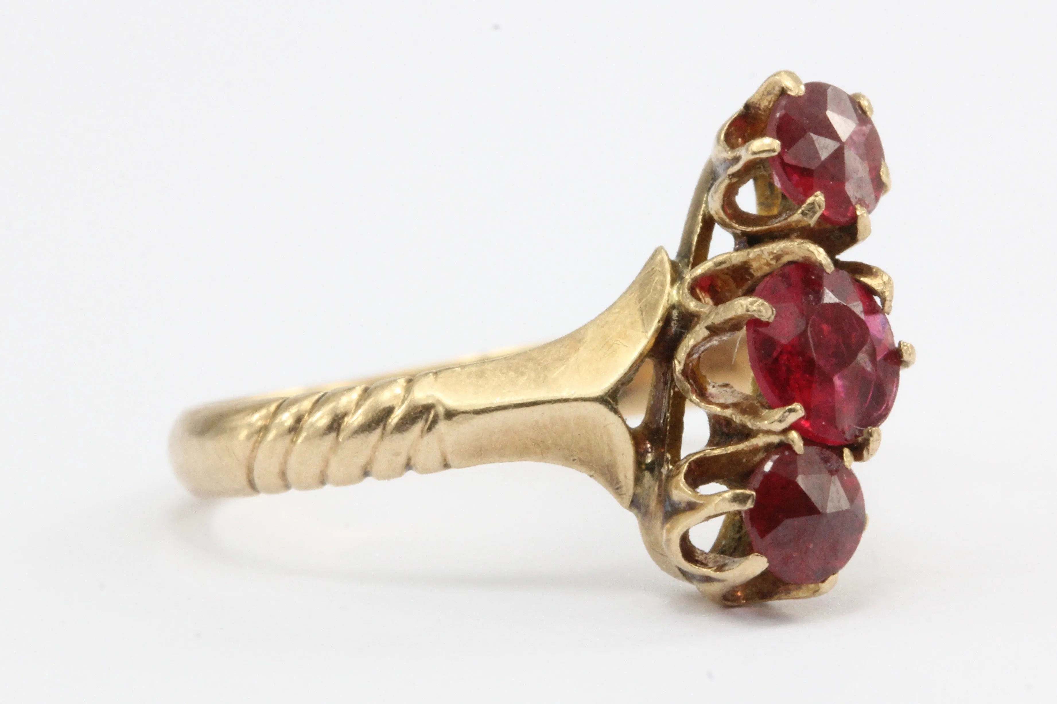 Victorian 14K Rose Gold Ruby Paste 3 Stone Ring c.1880
