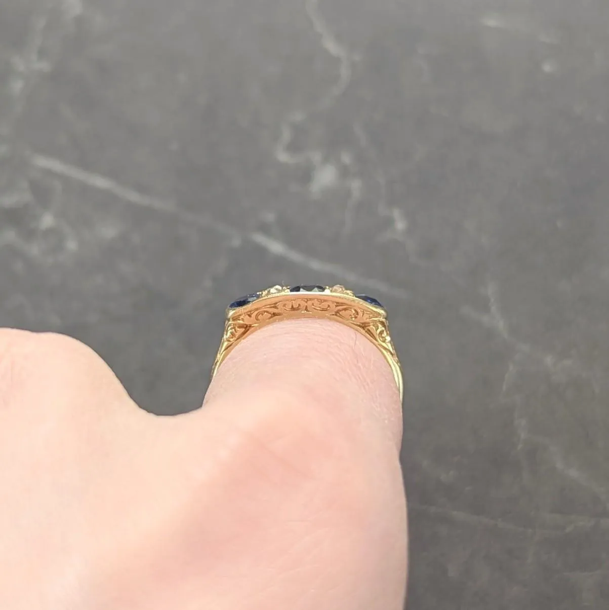 Victorian 1.52 CTW Sapphire Diamond 18 Karat Yellow Gold Antique Scroll Band Ring