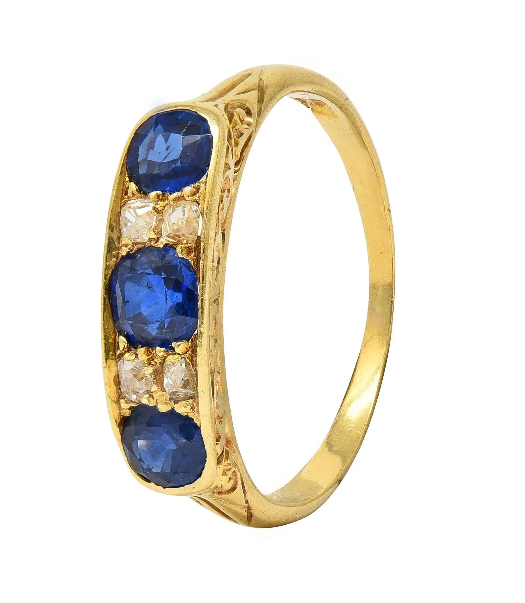 Victorian 1.52 CTW Sapphire Diamond 18 Karat Yellow Gold Antique Scroll Band Ring