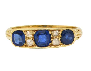 Victorian 1.52 CTW Sapphire Diamond 18 Karat Yellow Gold Antique Scroll Band Ring