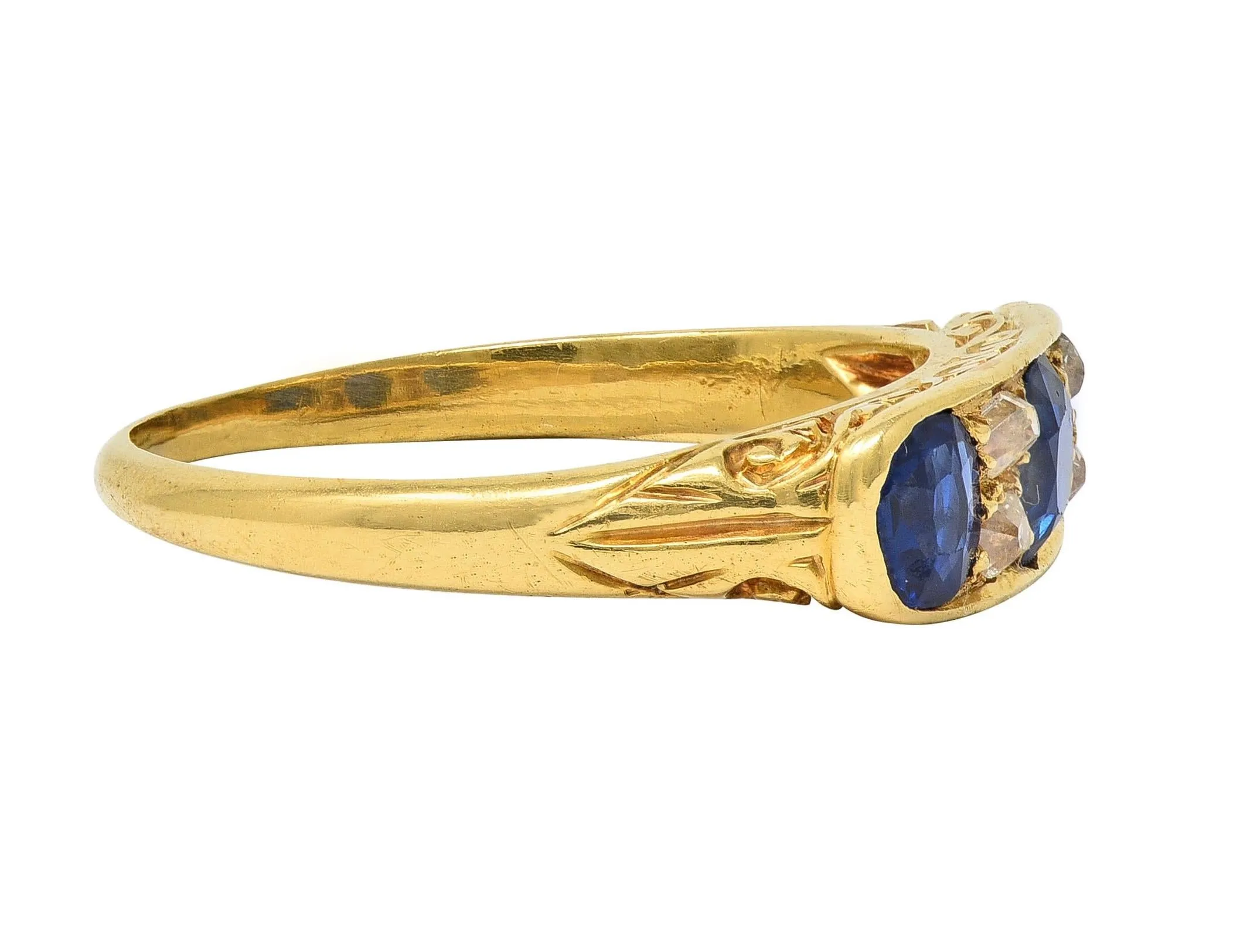 Victorian 1.52 CTW Sapphire Diamond 18 Karat Yellow Gold Antique Scroll Band Ring