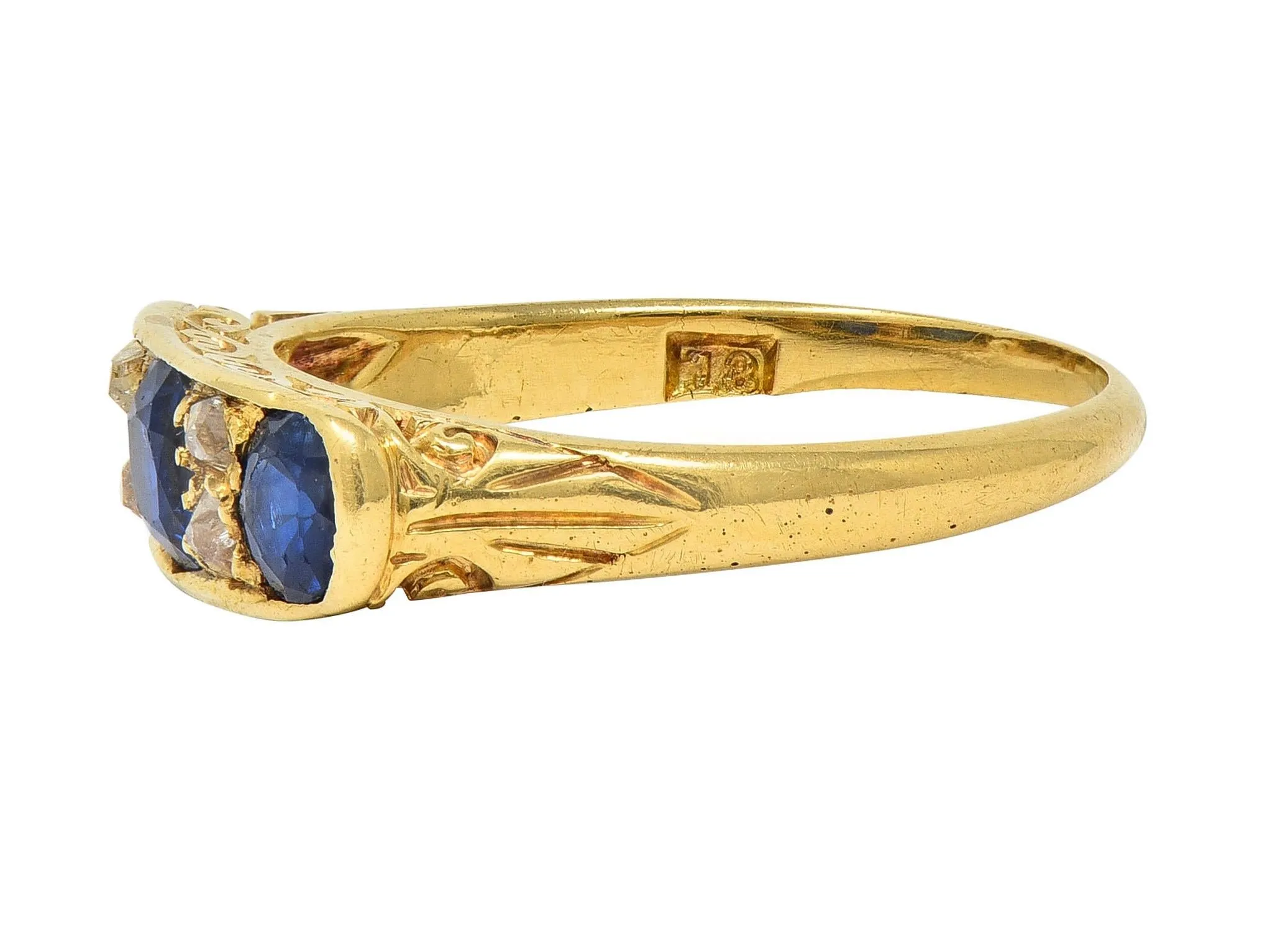 Victorian 1.52 CTW Sapphire Diamond 18 Karat Yellow Gold Antique Scroll Band Ring