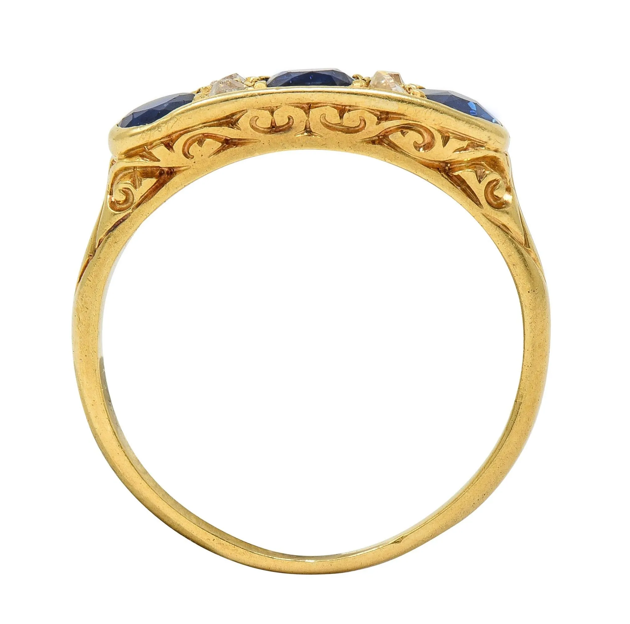 Victorian 1.52 CTW Sapphire Diamond 18 Karat Yellow Gold Antique Scroll Band Ring