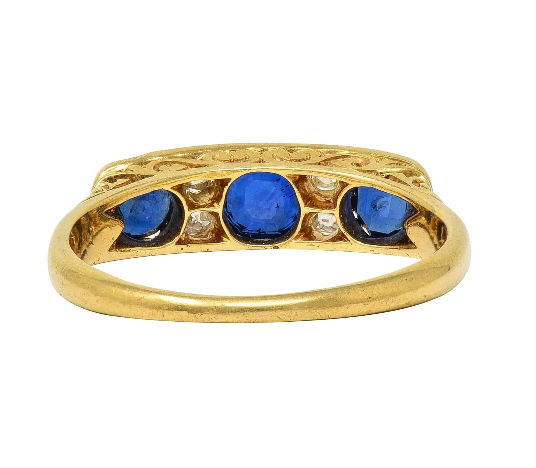 Victorian 1.52 CTW Sapphire Diamond 18 Karat Yellow Gold Antique Scroll Band Ring