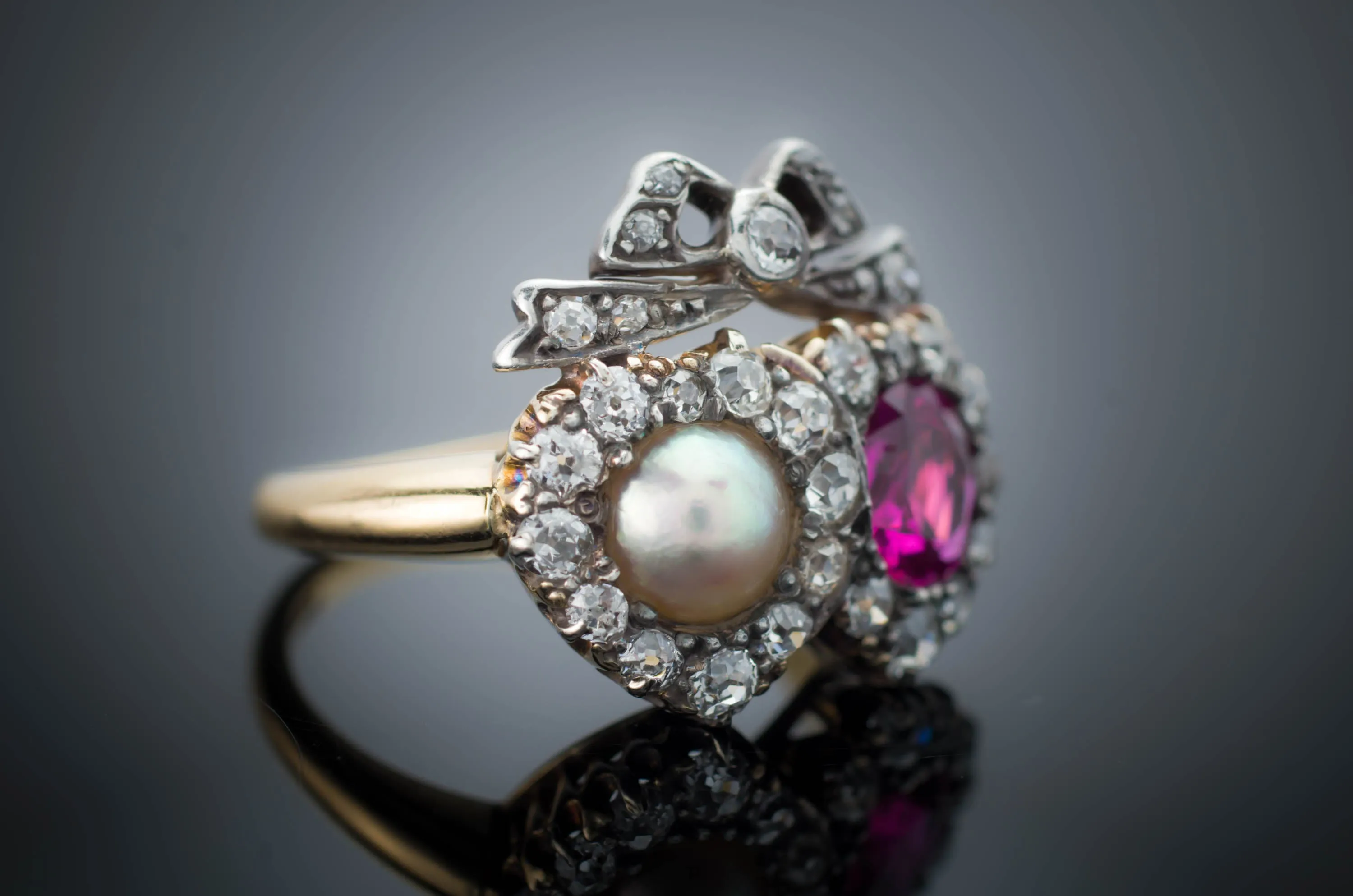 VICTORIAN TWIN HEARTS BURMA RUBY PEARL AND DIAMOND RING