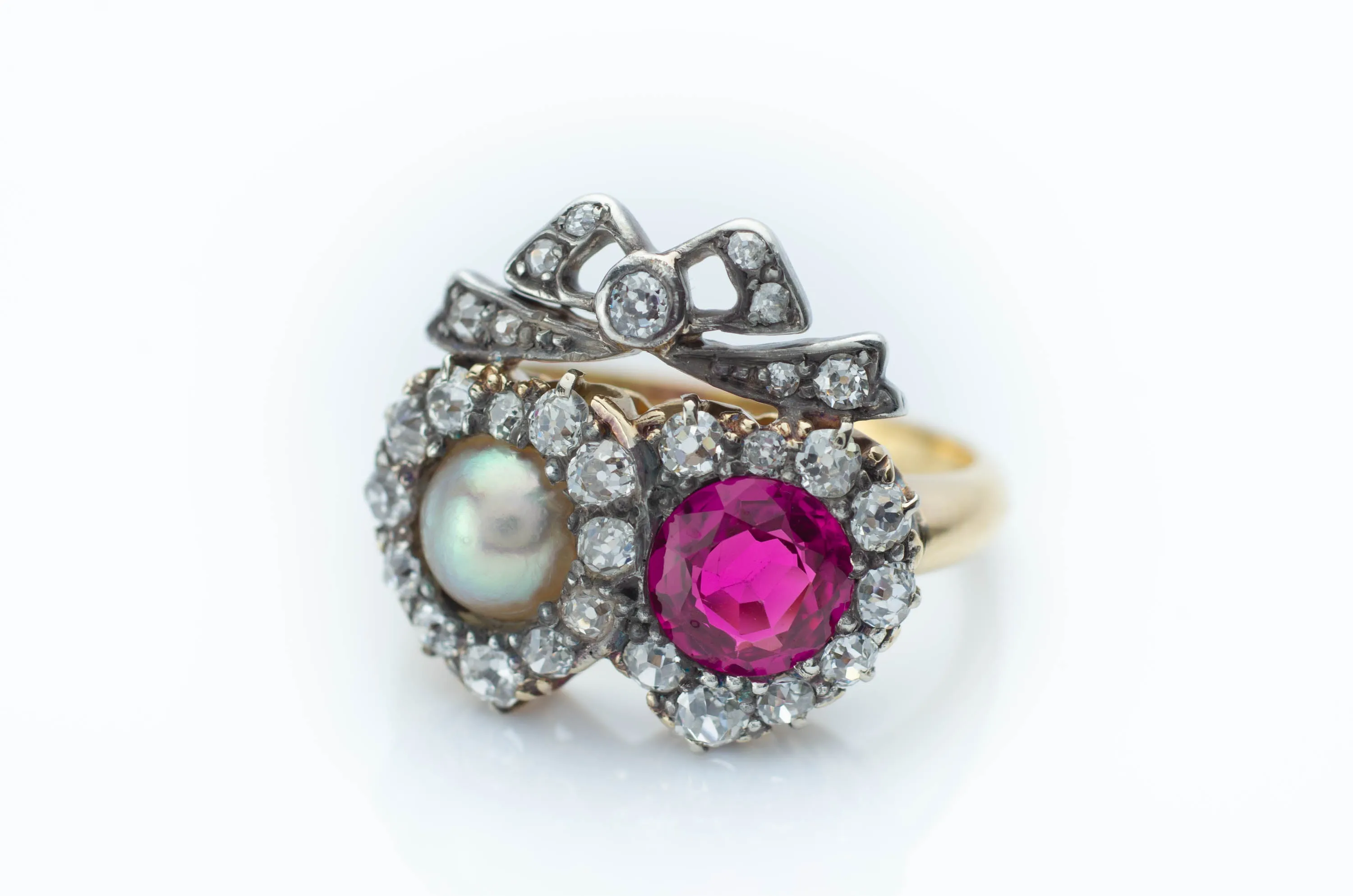 VICTORIAN TWIN HEARTS BURMA RUBY PEARL AND DIAMOND RING