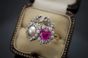 VICTORIAN TWIN HEARTS BURMA RUBY PEARL AND DIAMOND RING