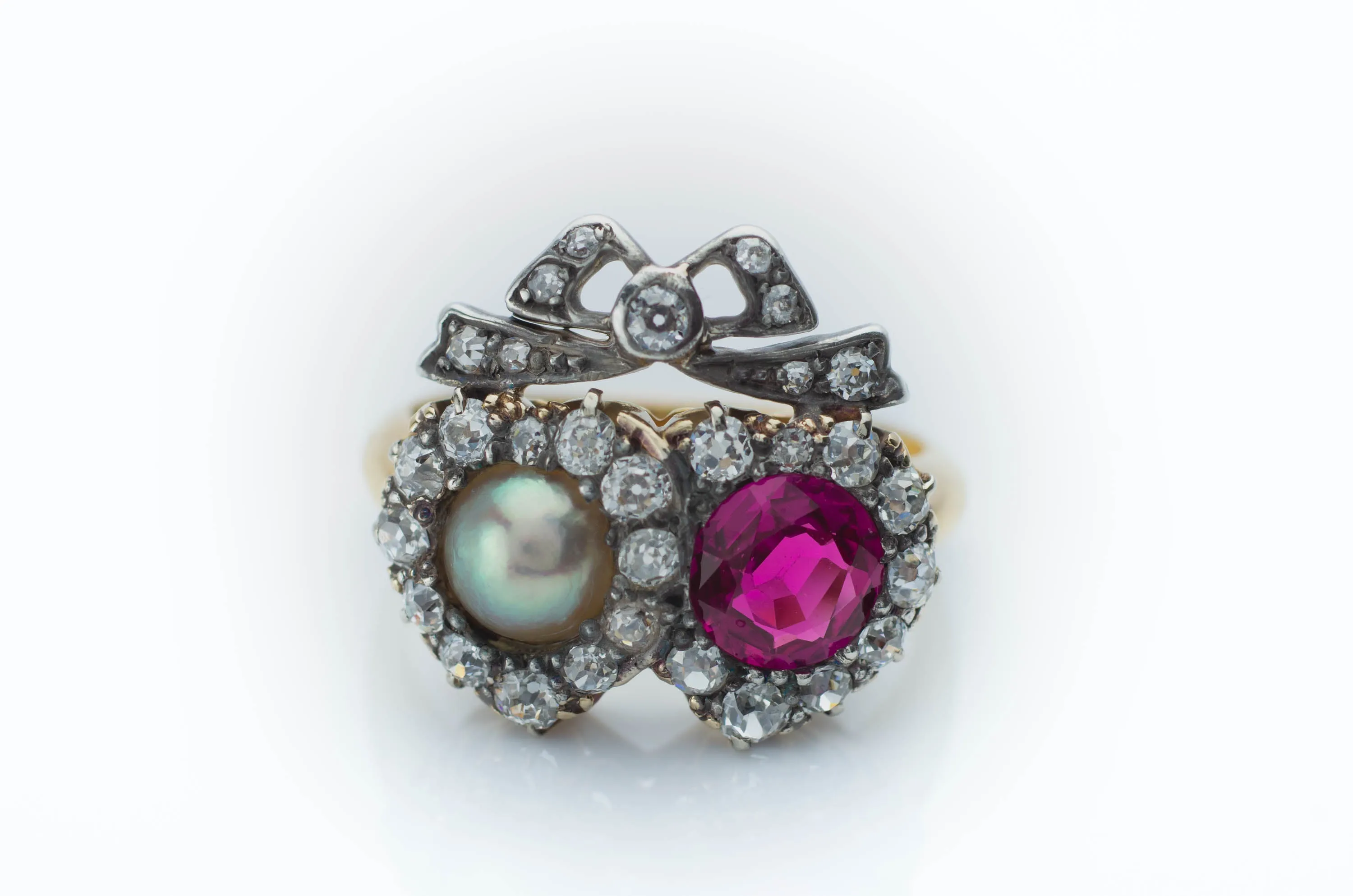 VICTORIAN TWIN HEARTS BURMA RUBY PEARL AND DIAMOND RING