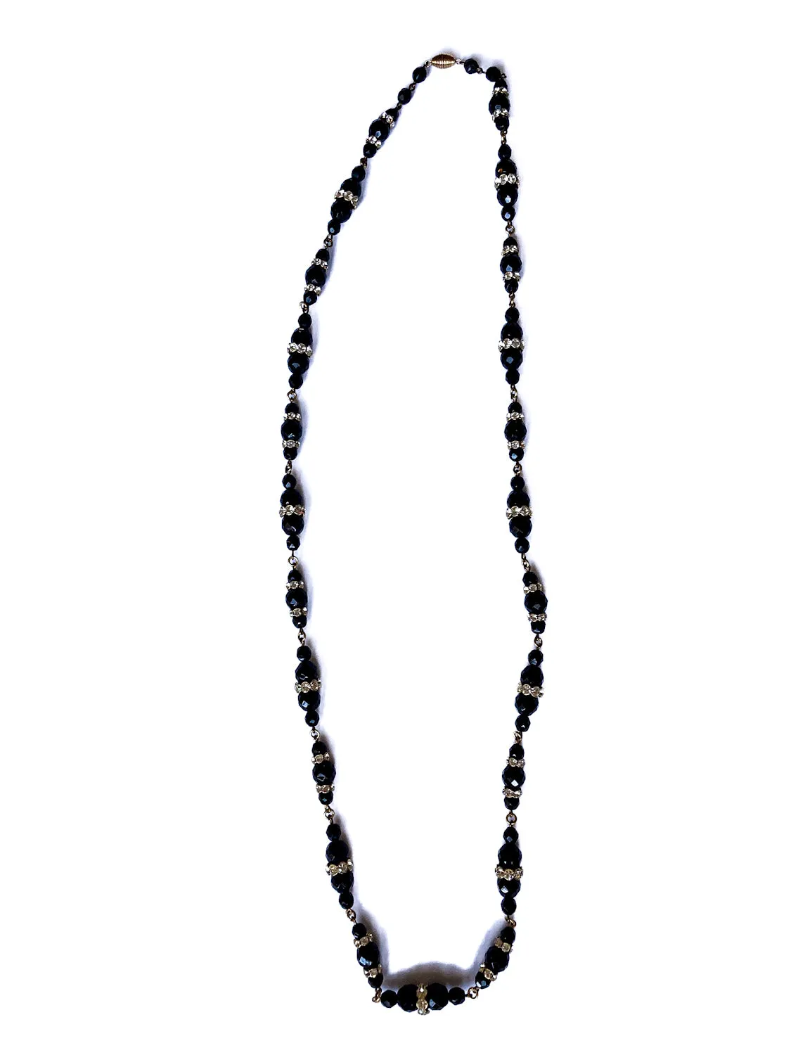 Vintage Faceted Black Glass Beads And Rhinestones Extra Long Necklace