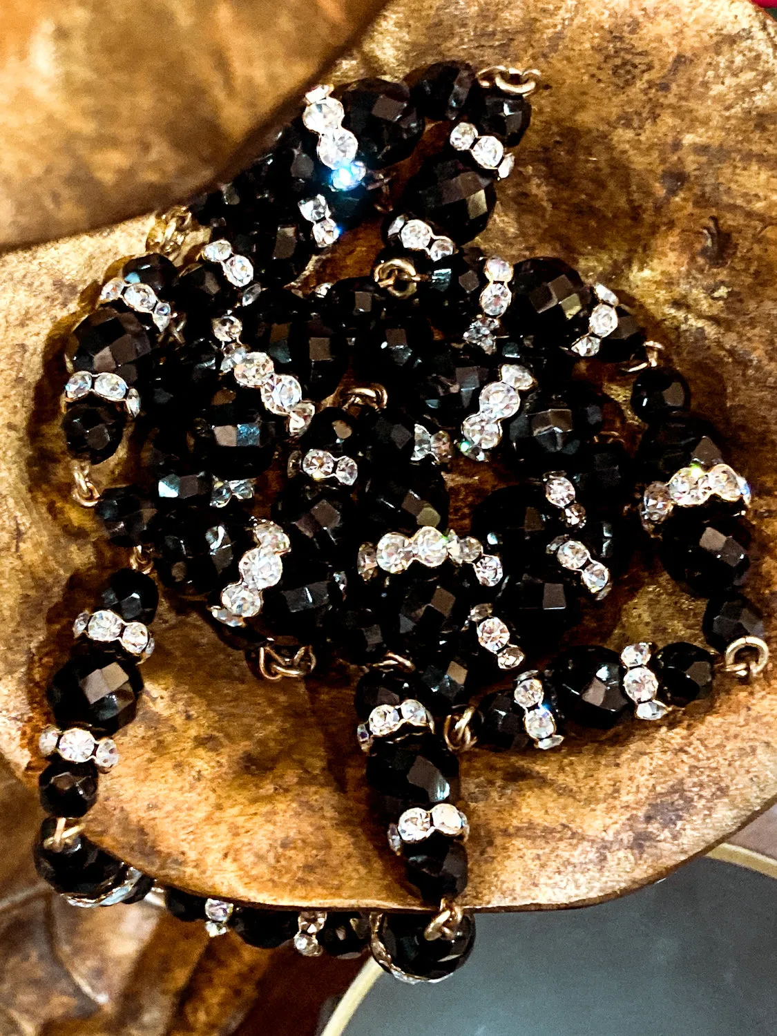 Vintage Faceted Black Glass Beads And Rhinestones Extra Long Necklace
