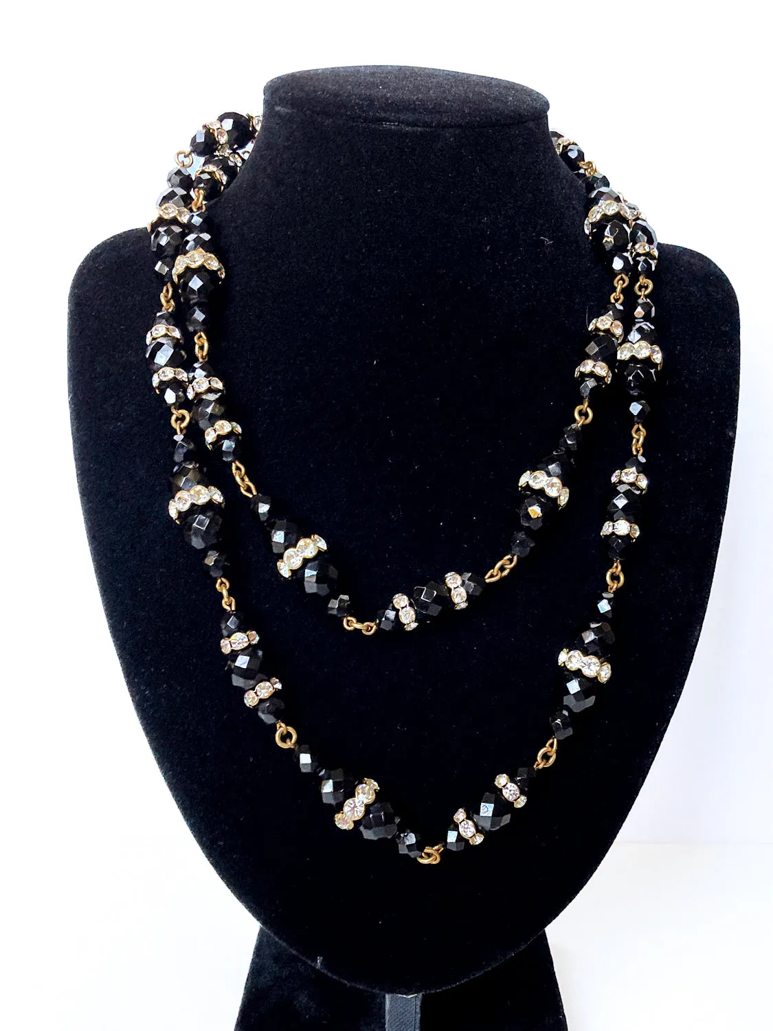 Vintage Faceted Black Glass Beads And Rhinestones Extra Long Necklace