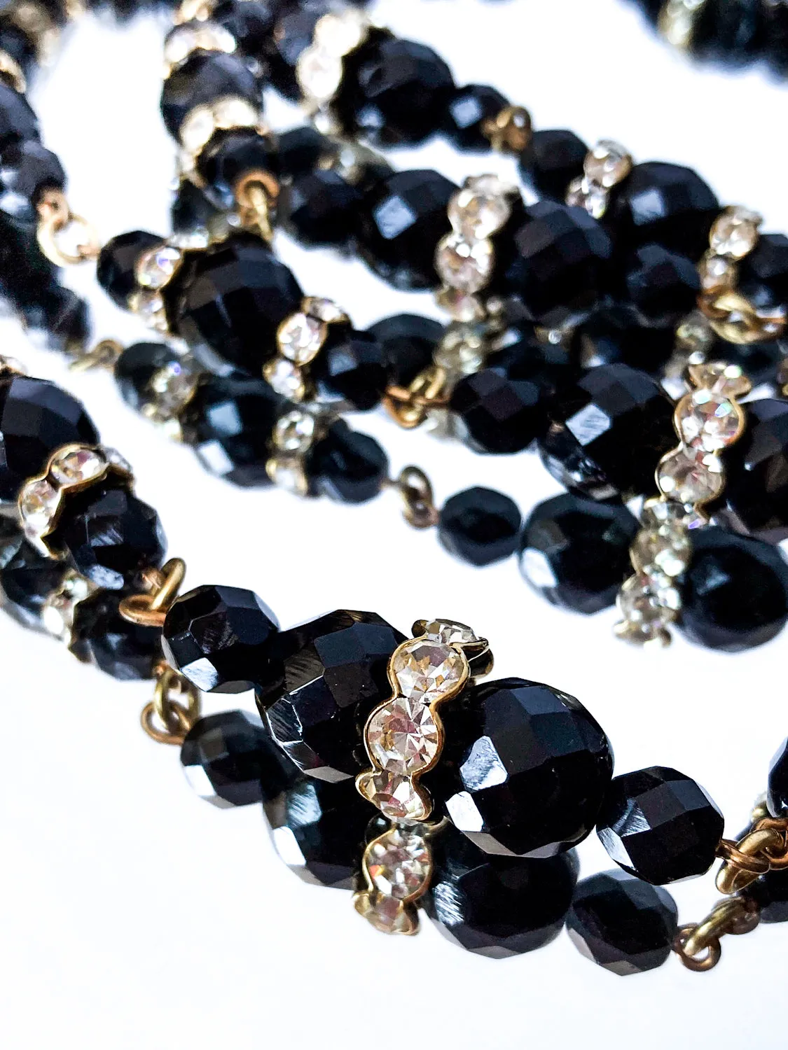 Vintage Faceted Black Glass Beads And Rhinestones Extra Long Necklace