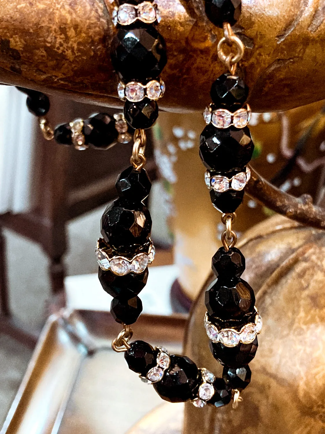 Vintage Faceted Black Glass Beads And Rhinestones Extra Long Necklace