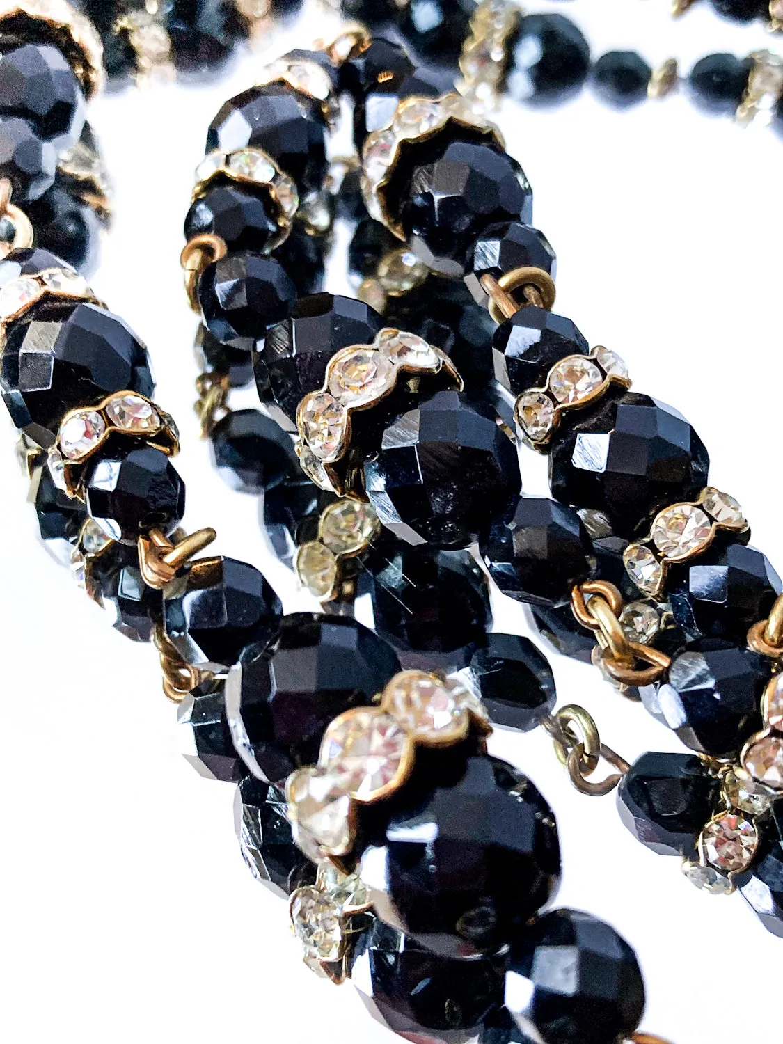 Vintage Faceted Black Glass Beads And Rhinestones Extra Long Necklace