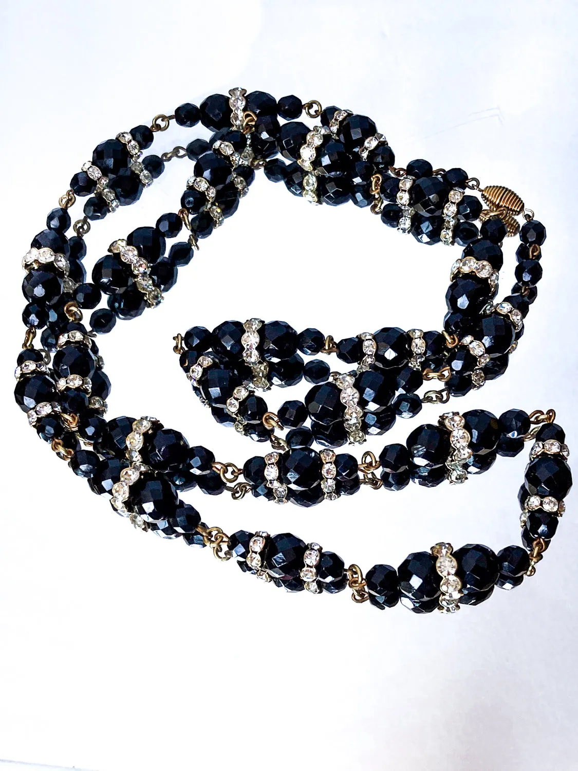 Vintage Faceted Black Glass Beads And Rhinestones Extra Long Necklace