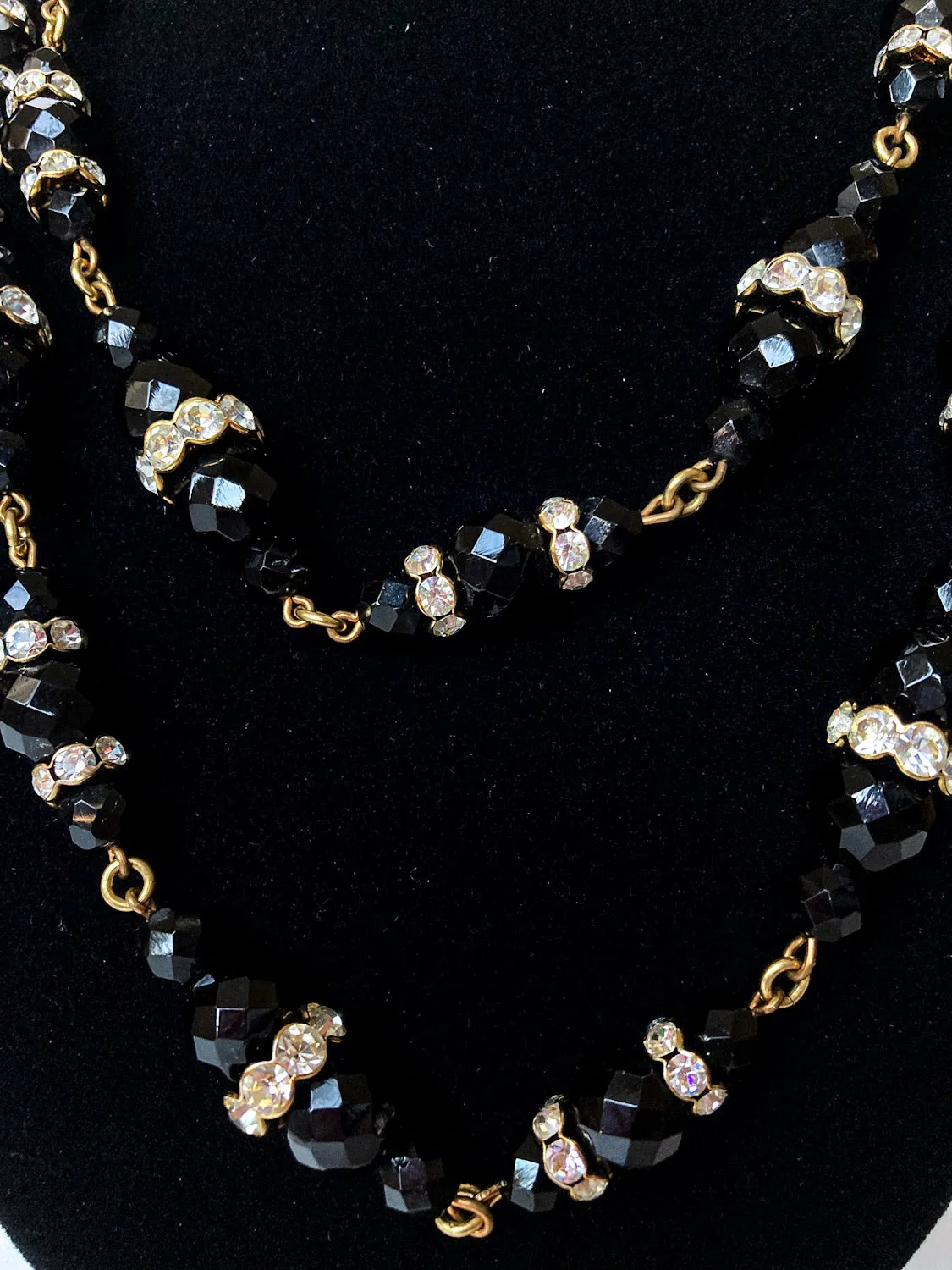 Vintage Faceted Black Glass Beads And Rhinestones Extra Long Necklace