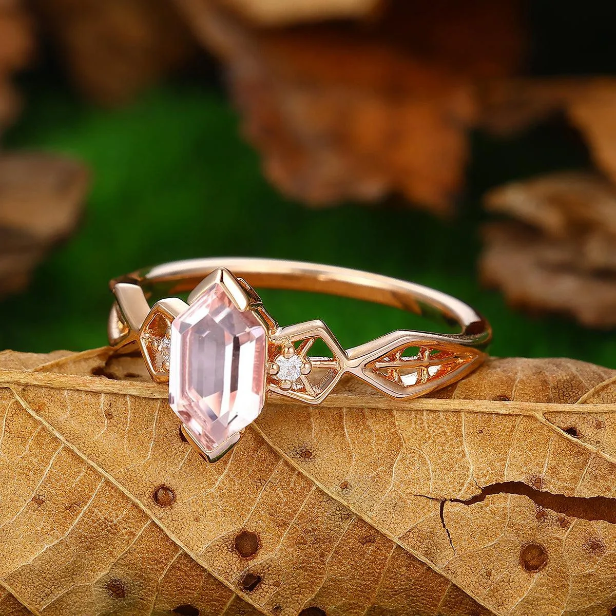 Vintage Half Eternity Natural Pink Morganite 14k Solid Gold Promise Ring