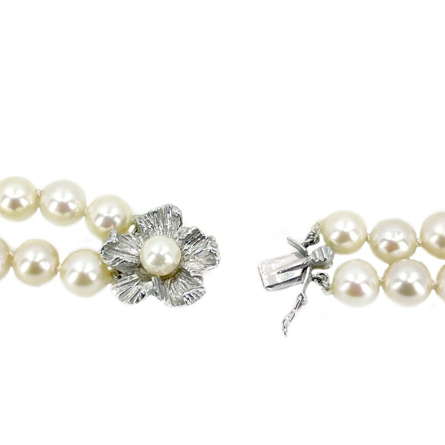 Vintage Japanese Saltewater Akoya Cultured Pearl Double Strand Floral Necklace - 14K White Gold 24.50 & 25.50 Inch