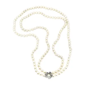 Vintage Japanese Saltewater Akoya Cultured Pearl Double Strand Floral Necklace - 14K White Gold 24.50 & 25.50 Inch