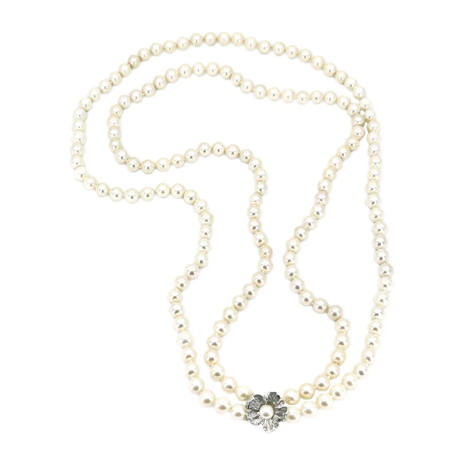 Vintage Japanese Saltewater Akoya Cultured Pearl Double Strand Floral Necklace - 14K White Gold 24.50 & 25.50 Inch